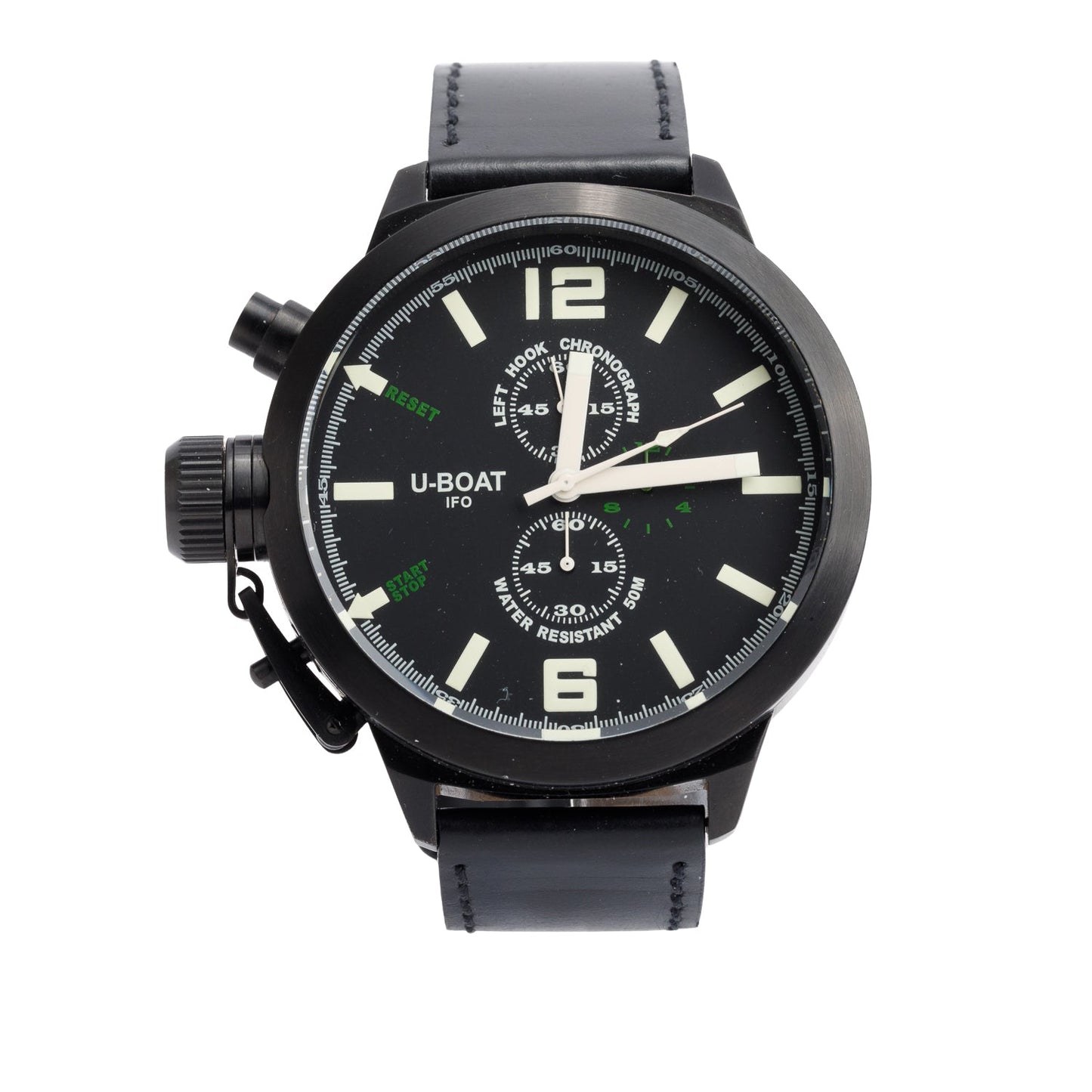 U-Boat Limited Edition Black PVD Stainless Steel Left Hook 53 MM Chronograph Quartz Watch Black Dial B53-08 w/ Box