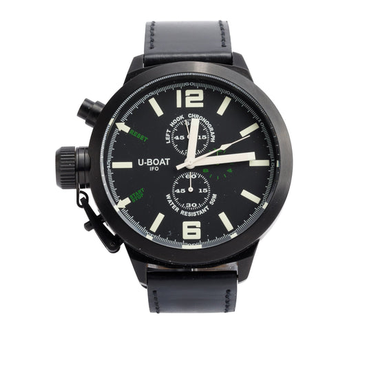 U-Boat Limited Edition Black PVD Stainless Steel Left Hook 53 MM Chronograph Quartz Watch Black Dial B53-08 w/ Box