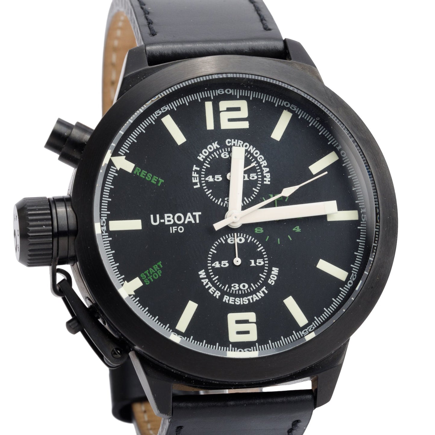 U-Boat Limited Edition Black PVD Stainless Steel Left Hook 53 MM Chronograph Quartz Watch Black Dial B53-08 w/ Box