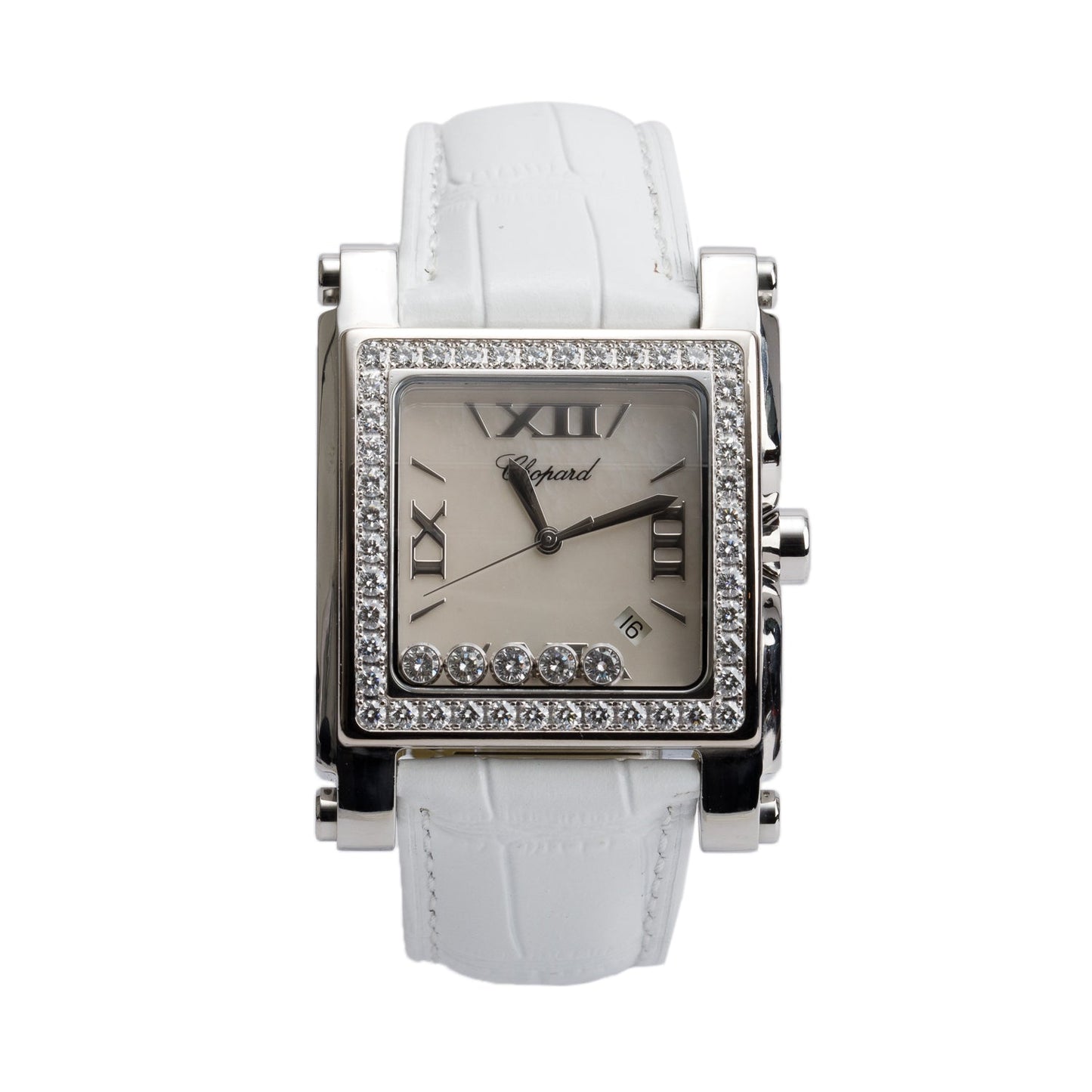 Chopard Stainless Steel Diamond Bezel Happy Sport Square 35 MM Quartz Watch Diamond Mother of Pearl Dial
