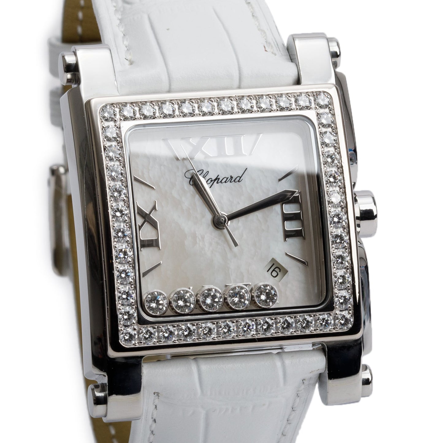 Chopard Stainless Steel Diamond Bezel Happy Sport Square 35 MM Quartz Watch Diamond Mother of Pearl Dial