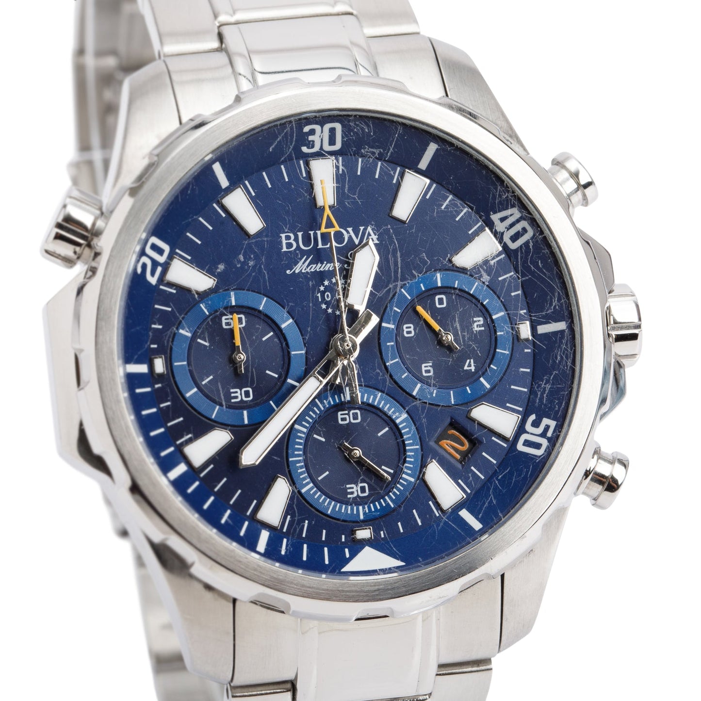 Bulova Stainless Steel Marine Star 44 MM Chronograph Quartz Watch Blue Dial