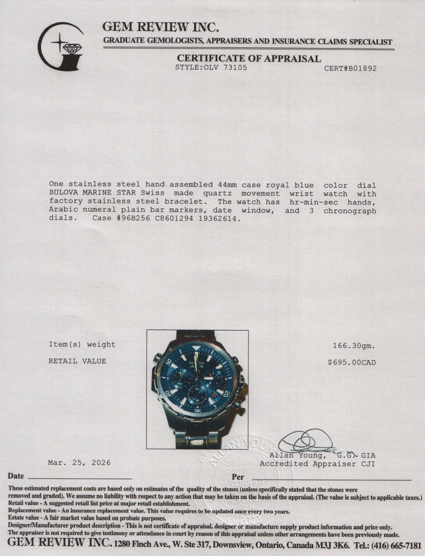Bulova Stainless Steel Marine Star 44 MM Chronograph Quartz Watch Blue Dial