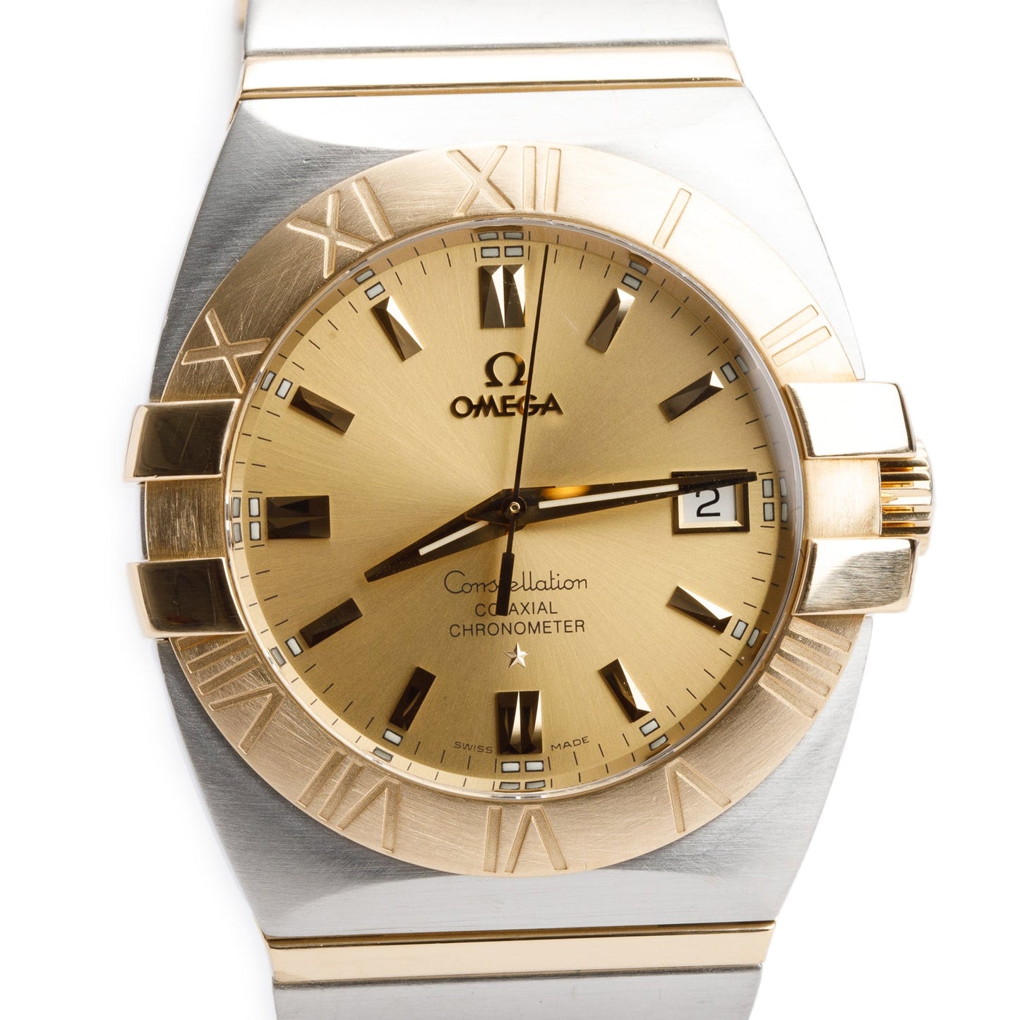 Omega Stainless Steel & 18k Yellow Gold Constellation 38 MM Co-Axial Chronometer Automatic Watch Gold Dial