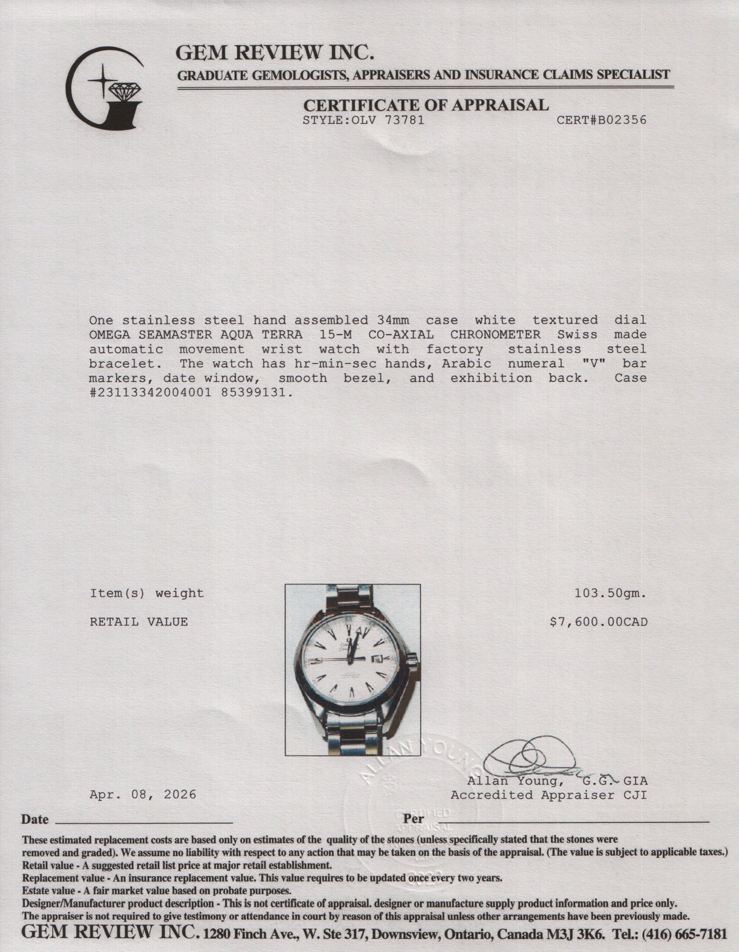 Omega Stainless Steel Seamaster Aqua Terra 34 MM 150M Co-Axial Chronometer Automatic Watch White Dial w/ Papers