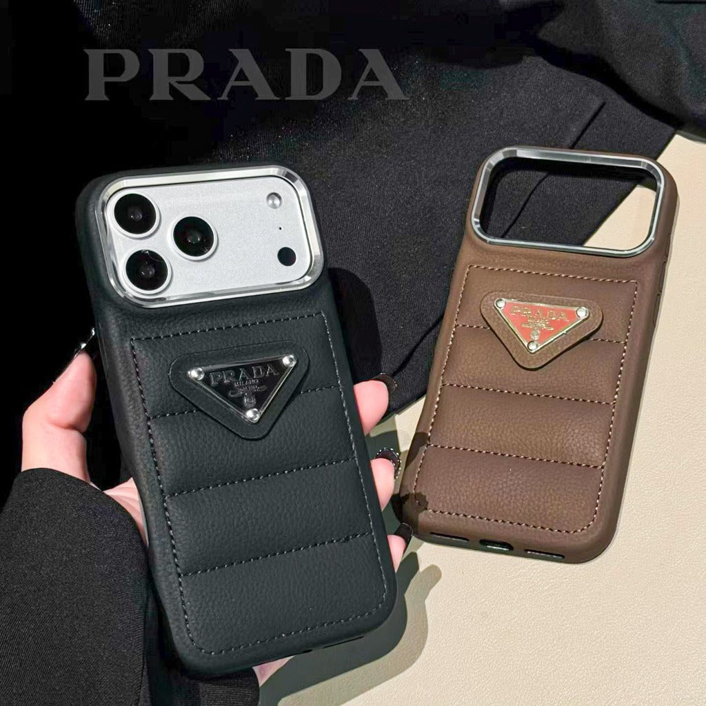 Luxury Quilted Leather iPhone Case with Card Pocket & Metal Logo