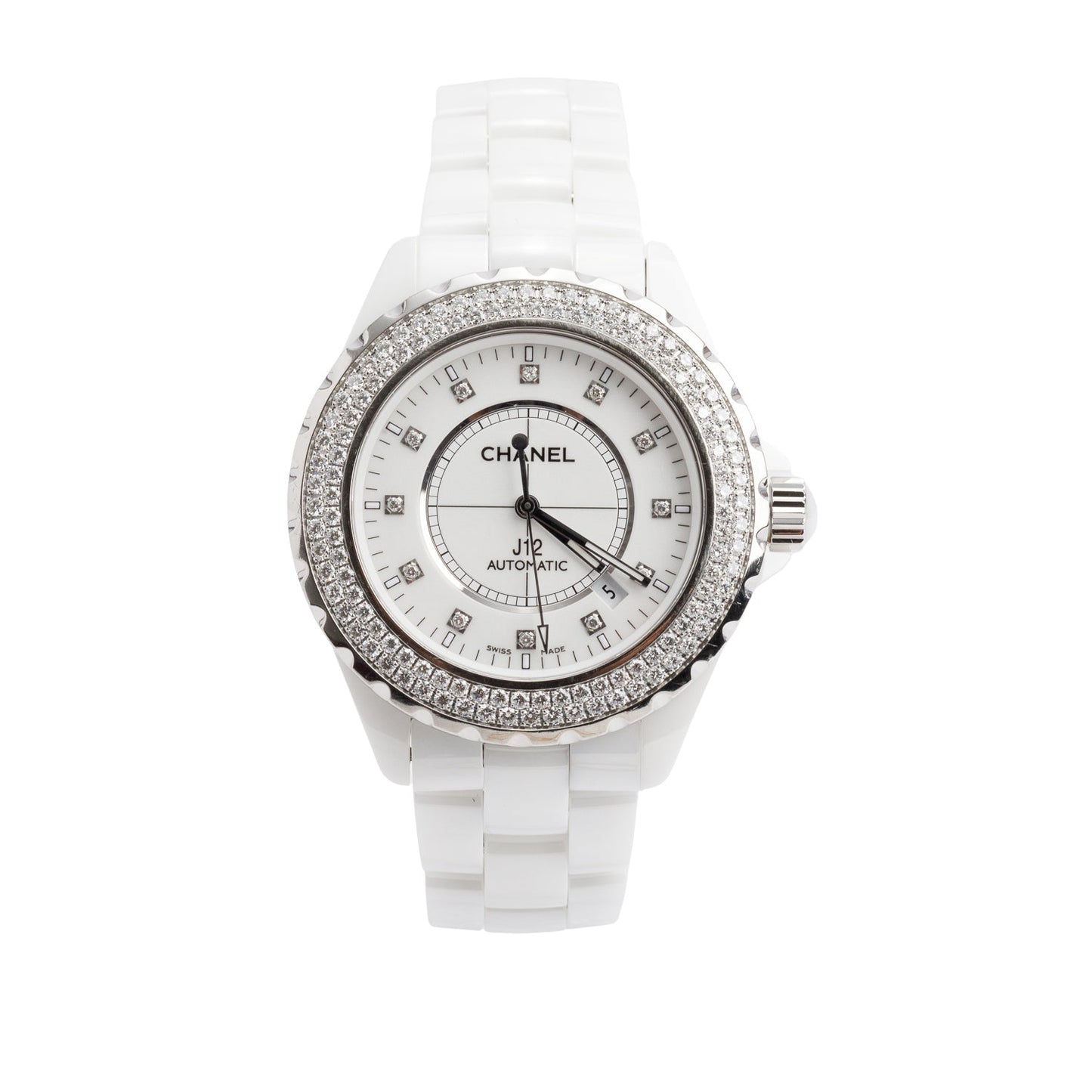 Chanel Stainless Steel & White Ceramic Diamond Bezel J12 42 MM Automatic Watch White Diamond Dial