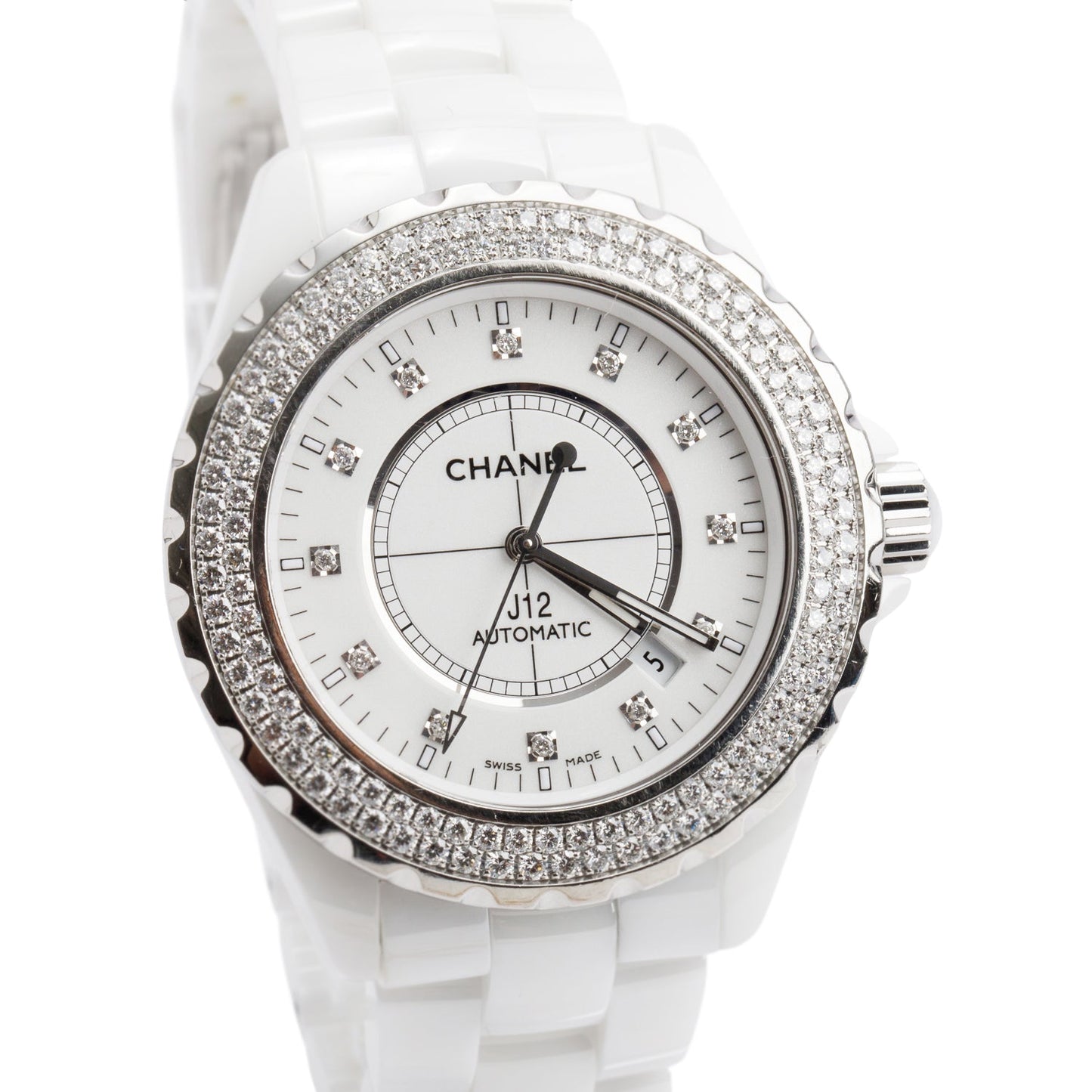 Chanel Stainless Steel & White Ceramic Diamond Bezel J12 42 MM Automatic Watch White Diamond Dial