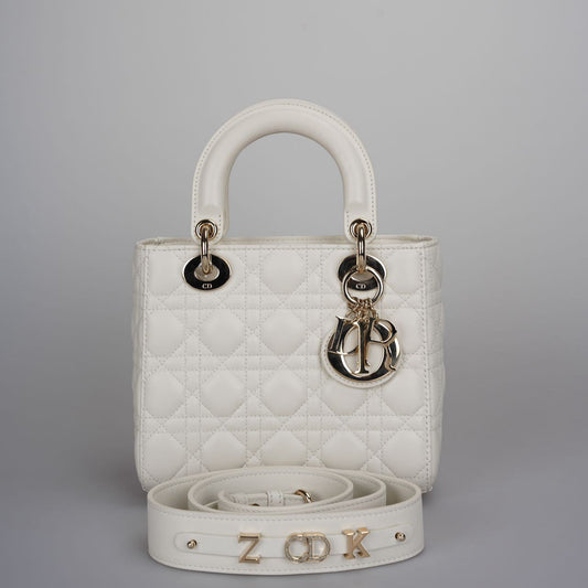 Christian Dior White Small Lady Dior Bag In Cannage Lambskin Leather With Gold Hardware 2020