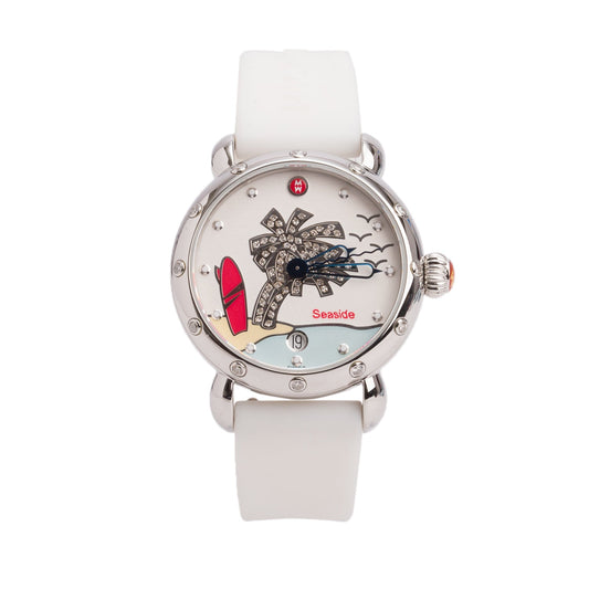 Michele Limited Edition Stainless Steel Diamond Bezel Seaside Palm Tree 36 MM Quartz Watch Diamond Dial w/ Box & Papers