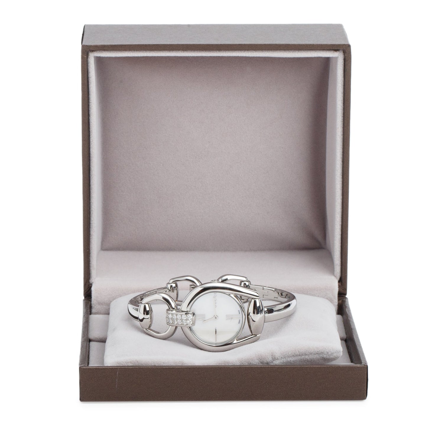 Gucci Stainless Steel Diamond Bezel 139.5 Horsebit 28 MM Quartz Watch Mother of Pearl Dial w/ Box