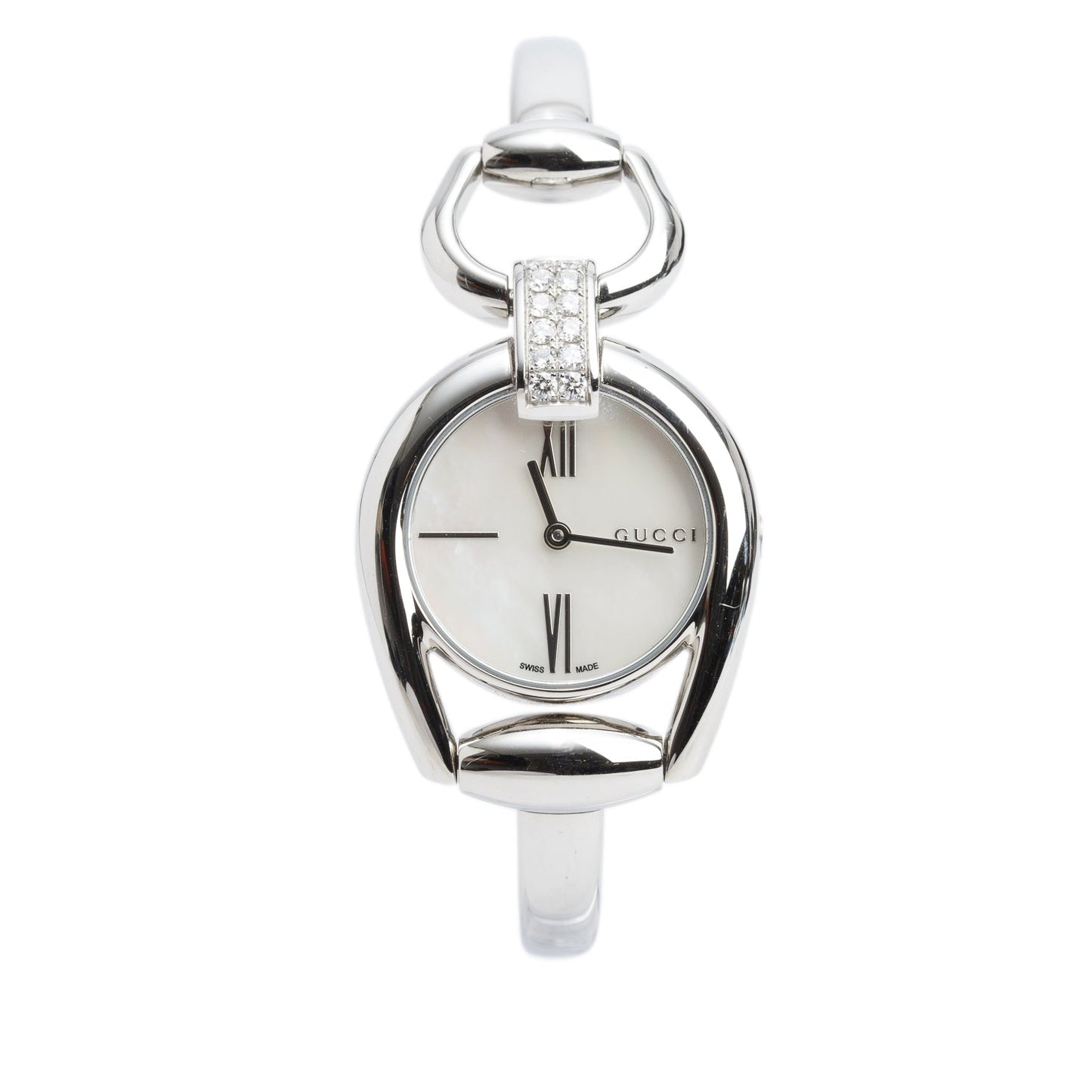 Gucci Stainless Steel Diamond Bezel 139.5 Horsebit 28 MM Quartz Watch Mother of Pearl Dial w/ Box