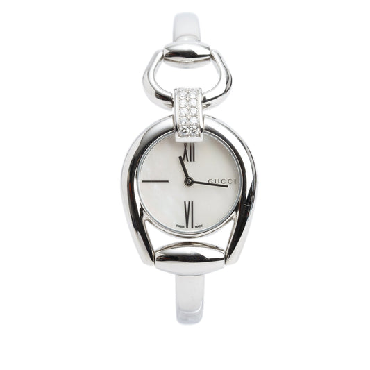 Gucci Stainless Steel Diamond Bezel 139.5 Horsebit 28 MM Quartz Watch Mother of Pearl Dial w/ Box