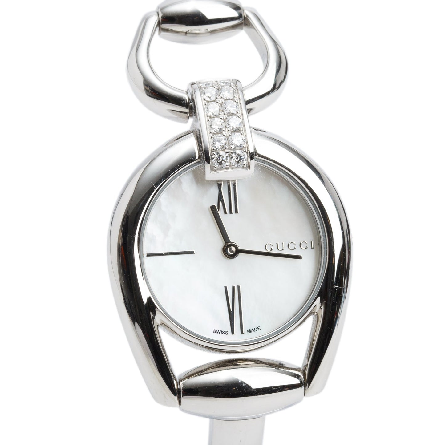 Gucci Stainless Steel Diamond Bezel 139.5 Horsebit 28 MM Quartz Watch Mother of Pearl Dial w/ Box
