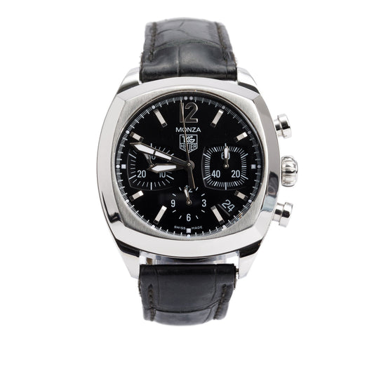 Tag Heuer Stainless Steel Monza 38 MM Chronograph Automatic Watch Black Dial CR2113-0
