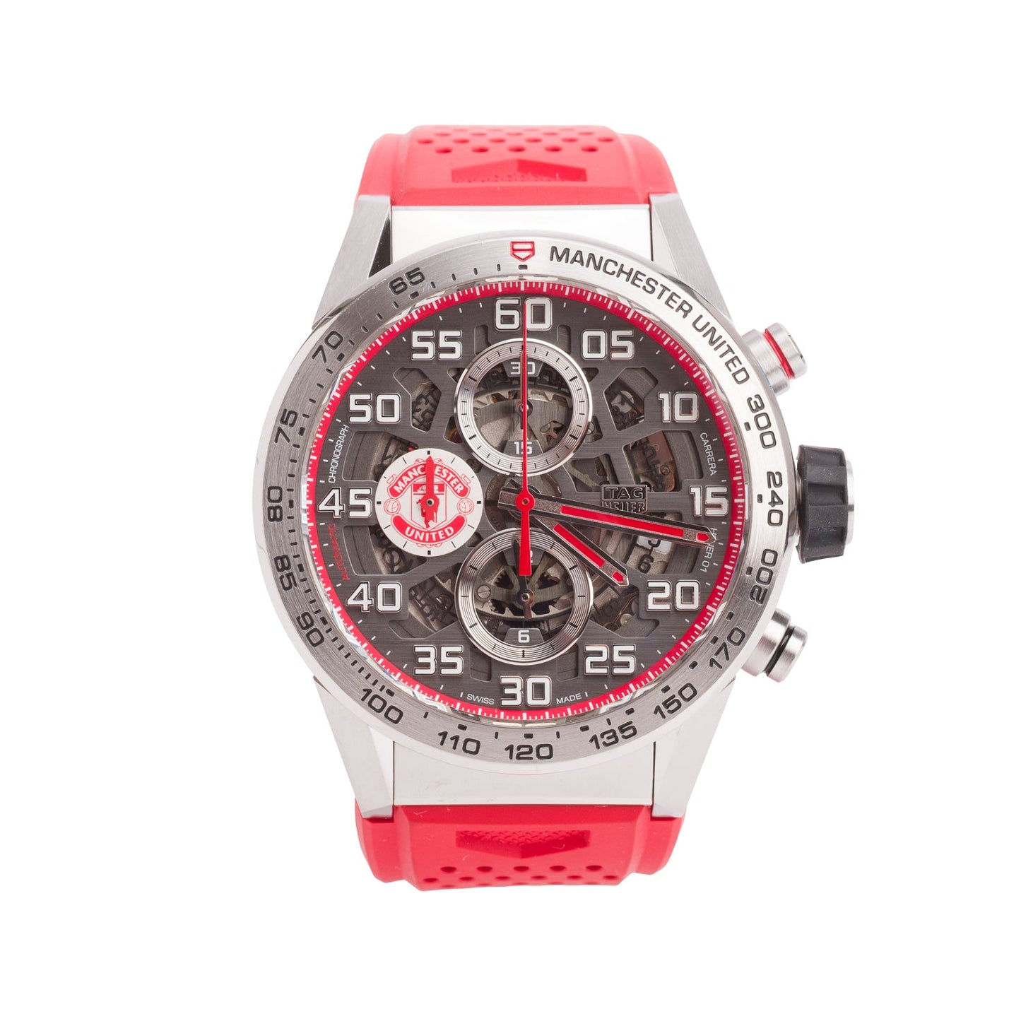 Tag Heuer Limited Edition Stainless Steel Carrera Manchester United 43 MM Automatic Chronograph Watch Grey Skeleton Dial CAR201M w/ Box & Papers