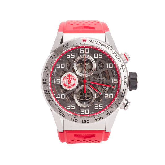 Tag Heuer Limited Edition Stainless Steel Carrera Manchester United 43 MM Automatic Chronograph Watch Grey Skeleton Dial CAR201M w/ Box & Papers