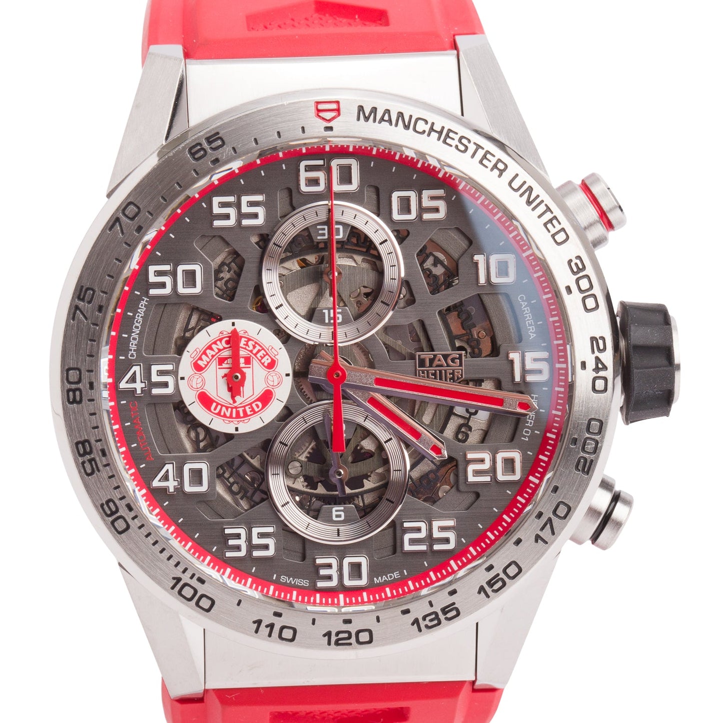 Tag Heuer Limited Edition Stainless Steel Carrera Manchester United 43 MM Automatic Chronograph Watch Grey Skeleton Dial CAR201M w/ Box & Papers