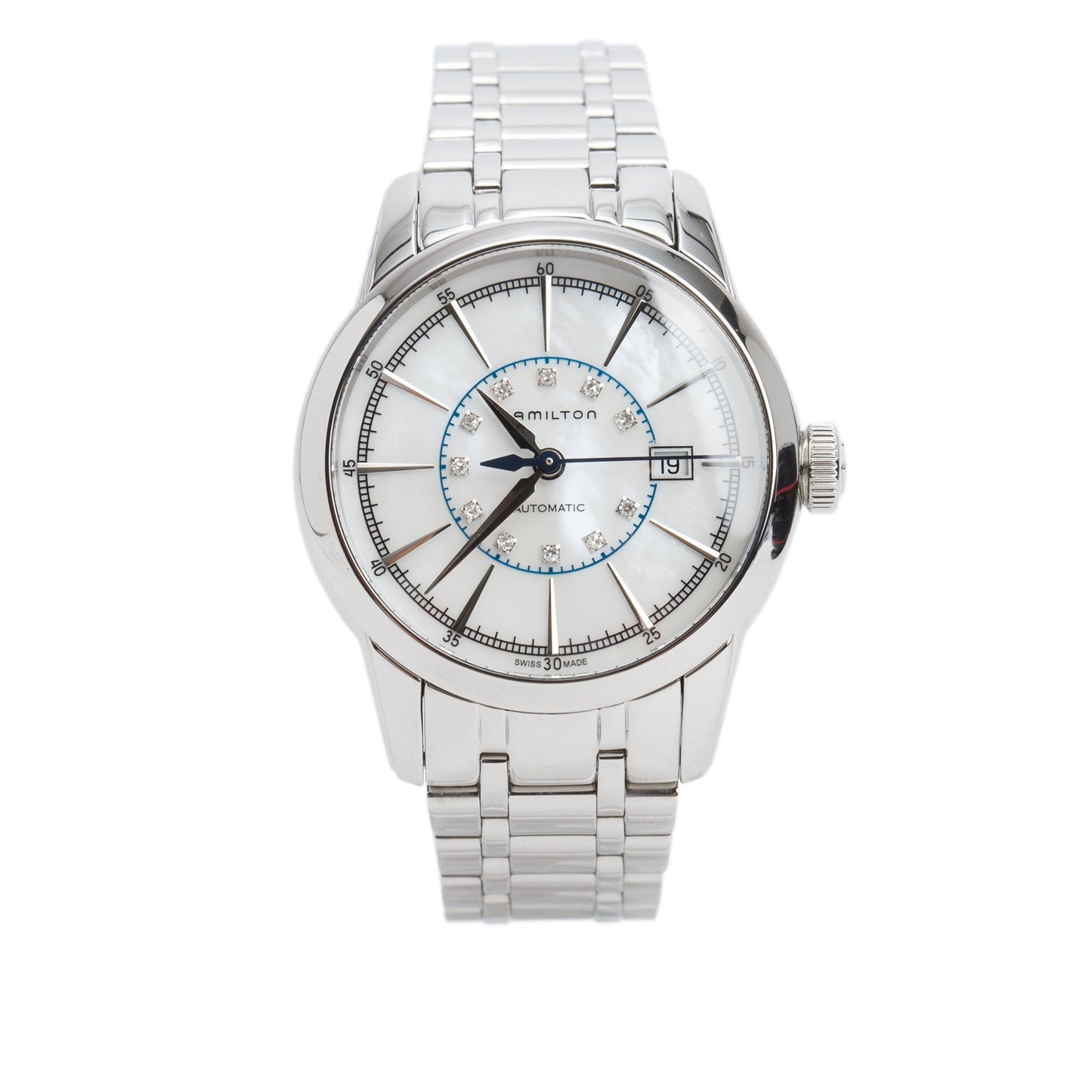 Hamilton 2025 Stainless Steel Classic Railroad 32MM Automatic Watch Diamond Mother of Pearl Dial w/ Box & Papers
