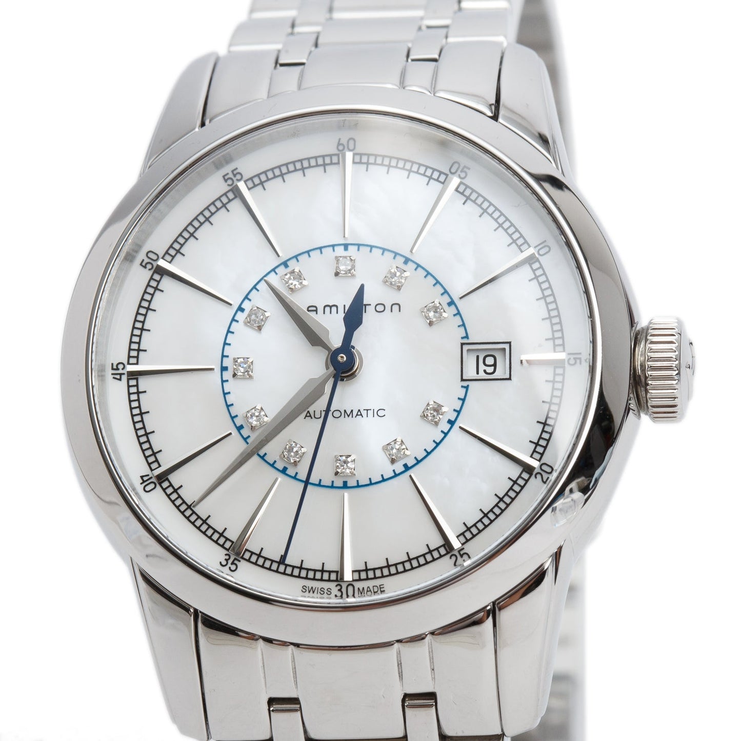 Hamilton 2025 Stainless Steel Classic Railroad 32MM Automatic Watch Diamond Mother of Pearl Dial w/ Box & Papers