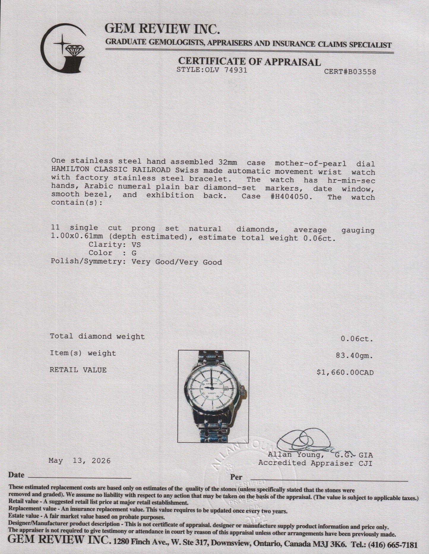 Hamilton 2025 Stainless Steel Classic Railroad 32MM Automatic Watch Diamond Mother of Pearl Dial w/ Box & Papers