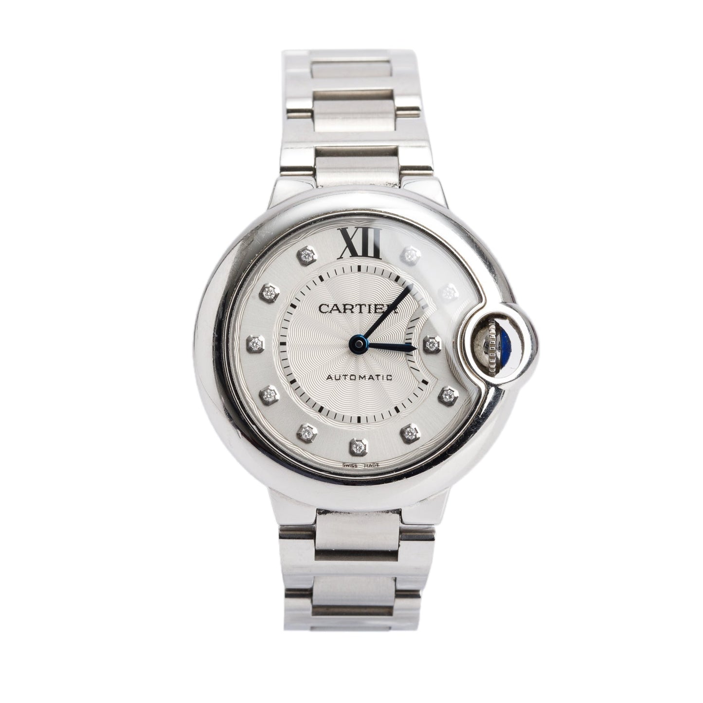 Cartier Stainless Steel Ballon Bleu de Cartier 33 MM Automatic Watch Silver Diamond Dial 3489