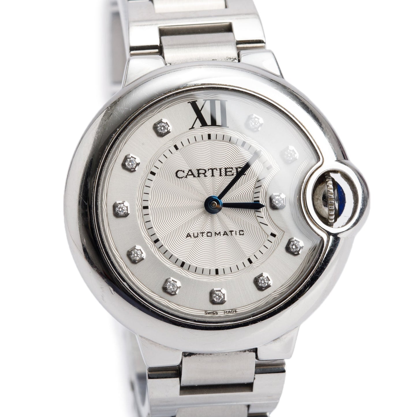 Cartier Stainless Steel Ballon Bleu de Cartier 33 MM Automatic Watch Silver Diamond Dial 3489