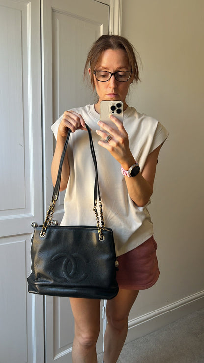 Chanel Vintage Black Caviar Chain Tote with Gold Hardware