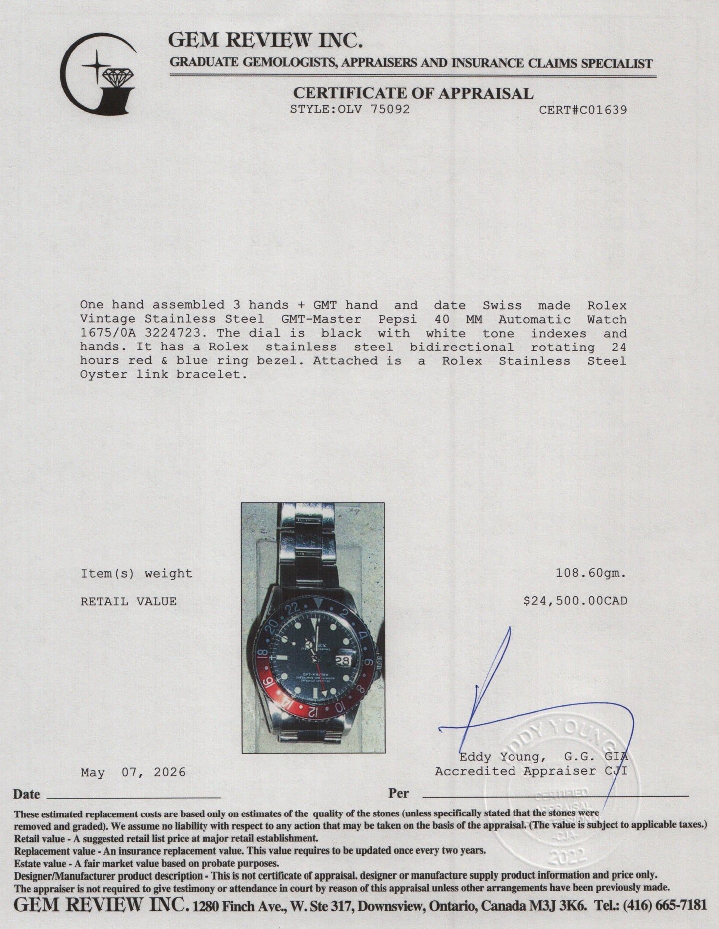 Rolex Vintage Stainless Steel GMT-Master Pepsi 40 MM Automatic Watch 1675/0A w/ Box & Papers