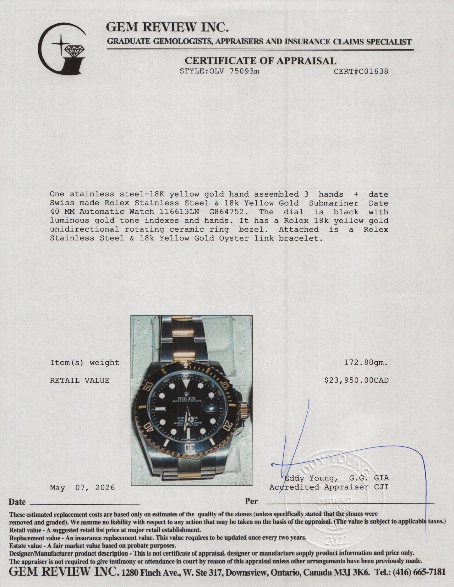 Rolex Stainless Steel & 18k Yellow Gold Submariner Date 40 MM Automatic Watch Black Dial 116613LN w/ Box