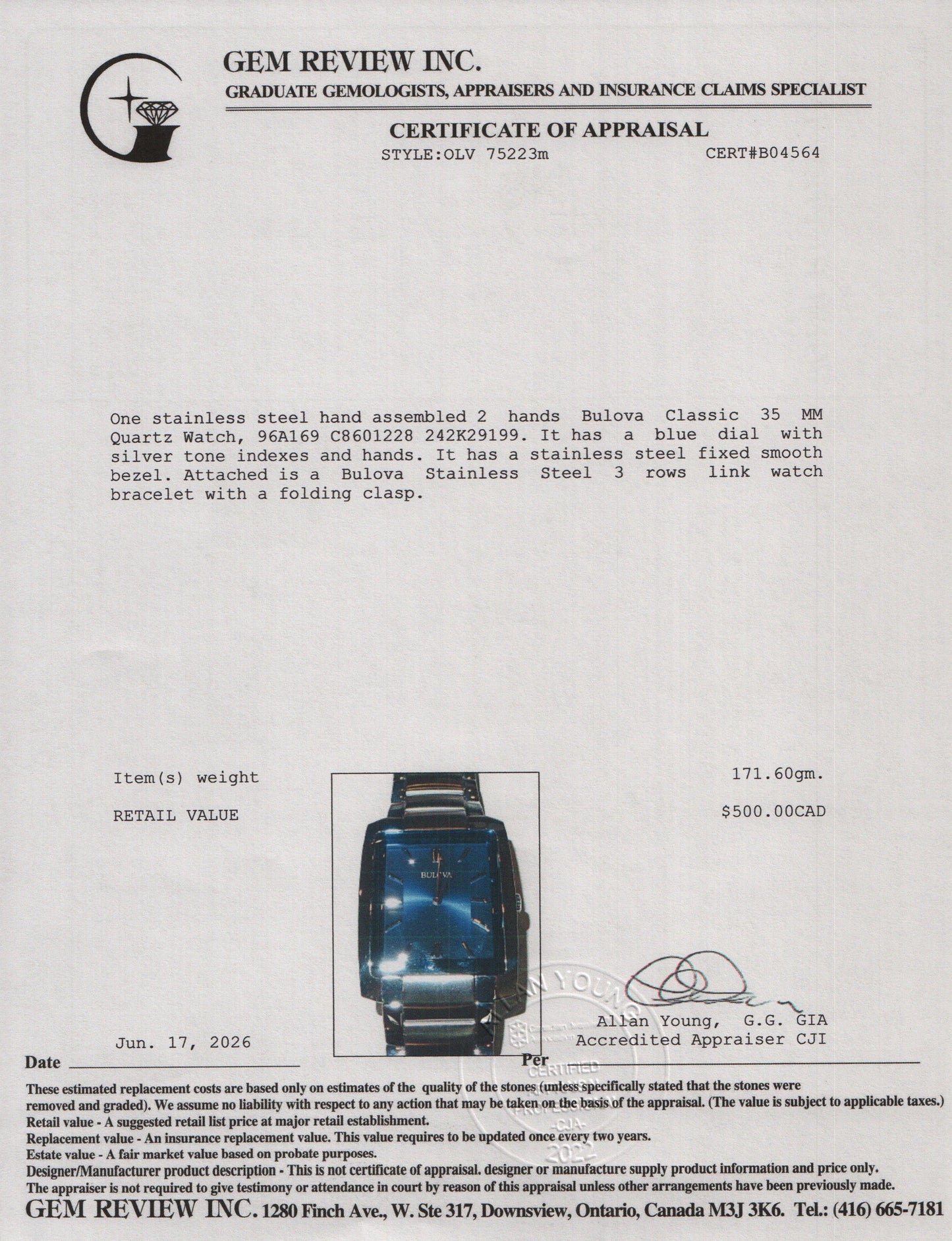 Bulova Stainless Steel Classic 35 MM Quartz Watch Blue Dial 96A169 w/ Box