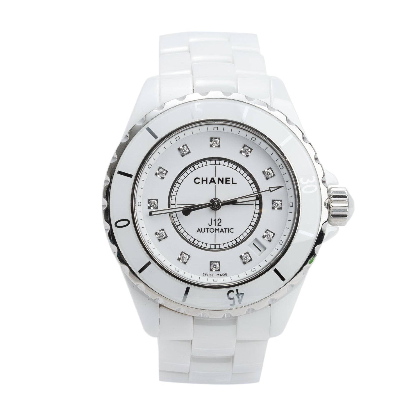 Chanel Stainless Steel & White Ceramic J12 39 MM Automatic Watch White Diamond Dial w/ Box & Papers