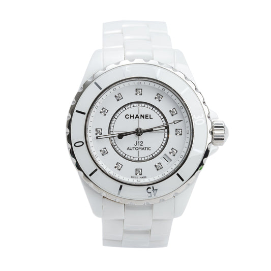 Chanel Stainless Steel & White Ceramic J12 39 MM Automatic Watch White Diamond Dial w/ Box & Papers