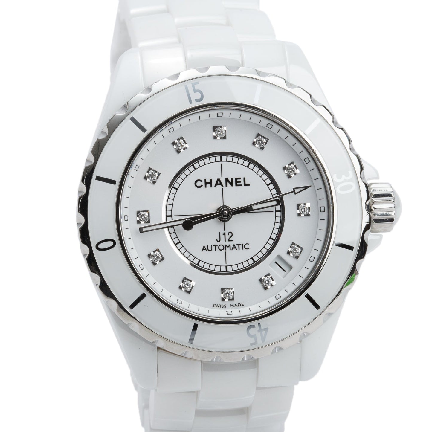Chanel Stainless Steel & White Ceramic J12 39 MM Automatic Watch White Diamond Dial w/ Box & Papers