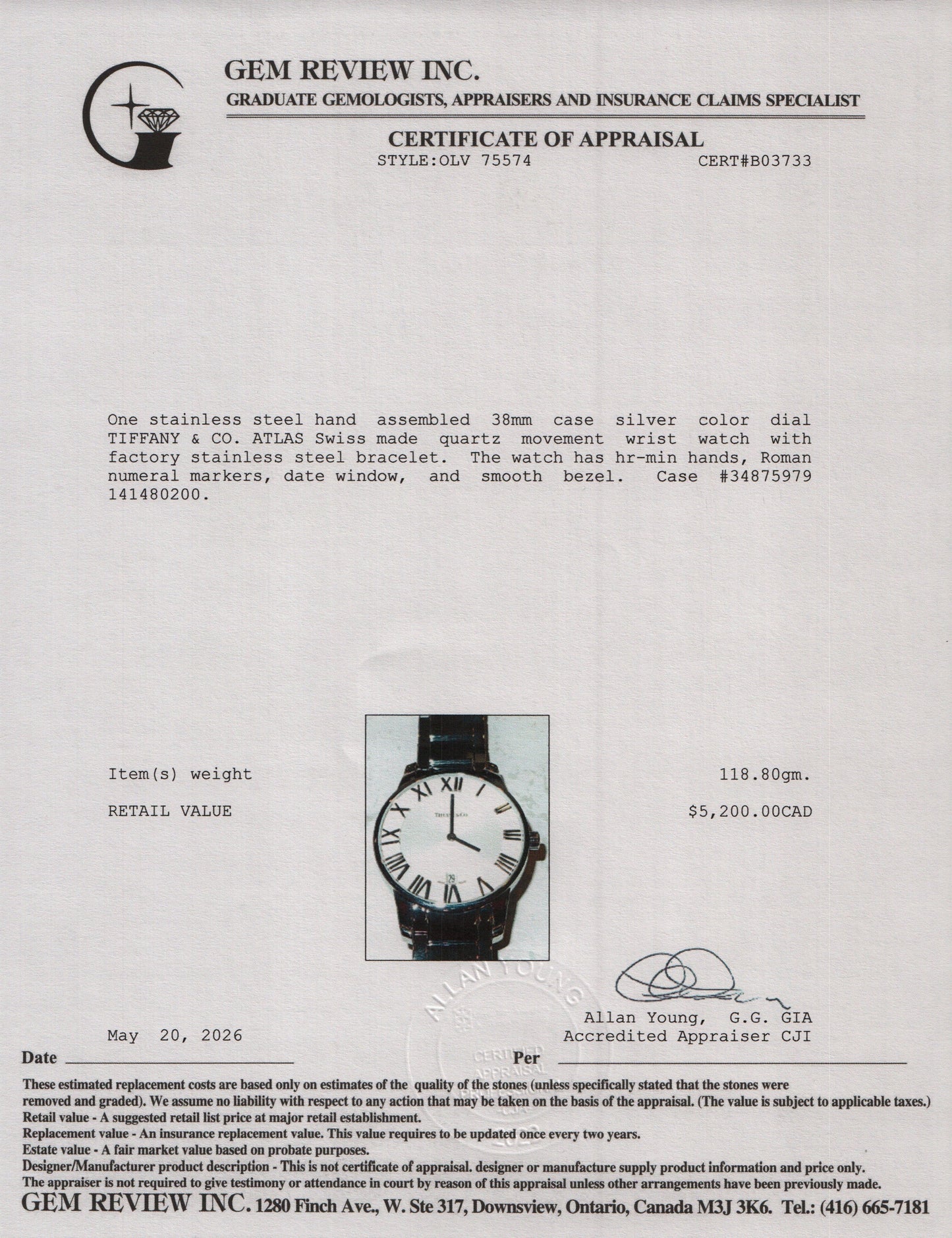 Tiffany Stainless Steel Atlas 38 MM Quartz Watch Silver Dial w/ Box & Papers