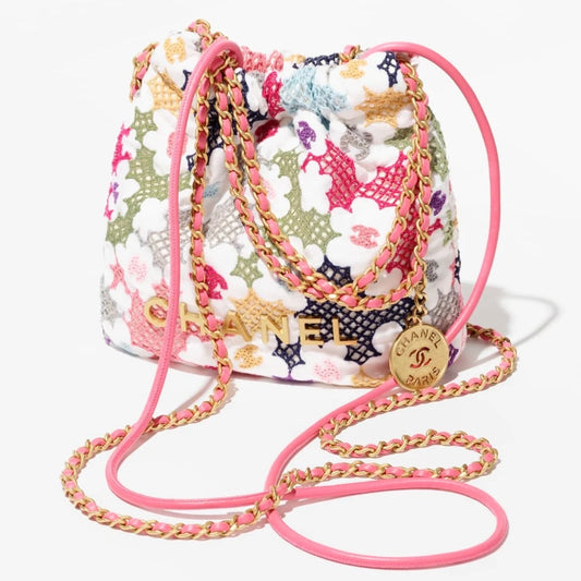 Blooming Raffia Chanel 22 In Lace Patchwork With Gold-Tone Hardware Mini Size
