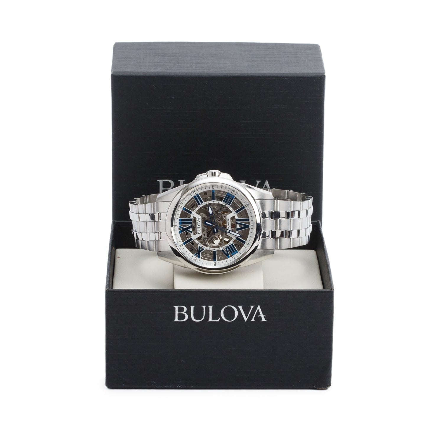 Bulova Stainless Steel Classic Sutton 43 MM Quartz Watch Blue Skeleton Dial 96A187 w/ Box