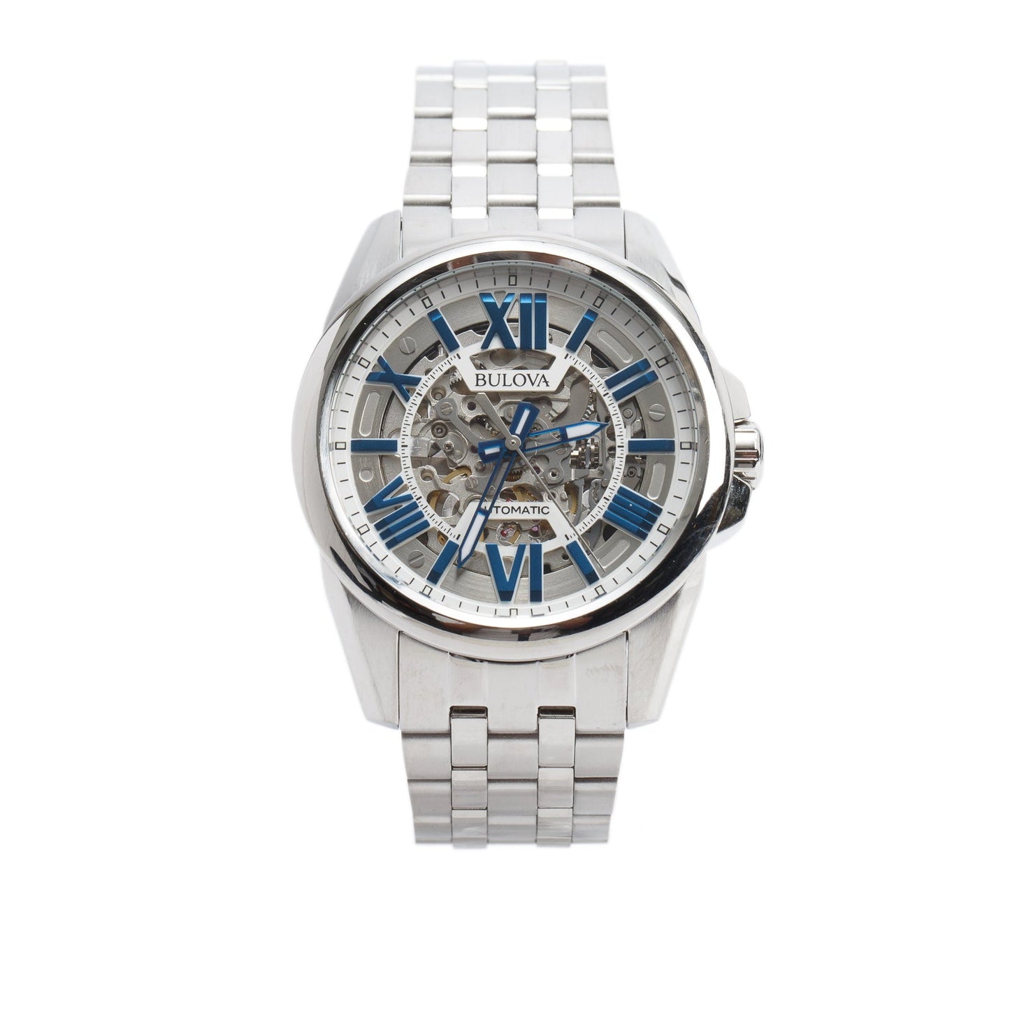Bulova Stainless Steel Classic Sutton 43 MM Quartz Watch Blue Skeleton Dial 96A187 w/ Box