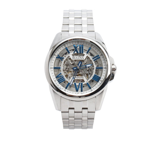 Bulova Stainless Steel Classic Sutton 43 MM Quartz Watch Blue Skeleton Dial 96A187 w/ Box