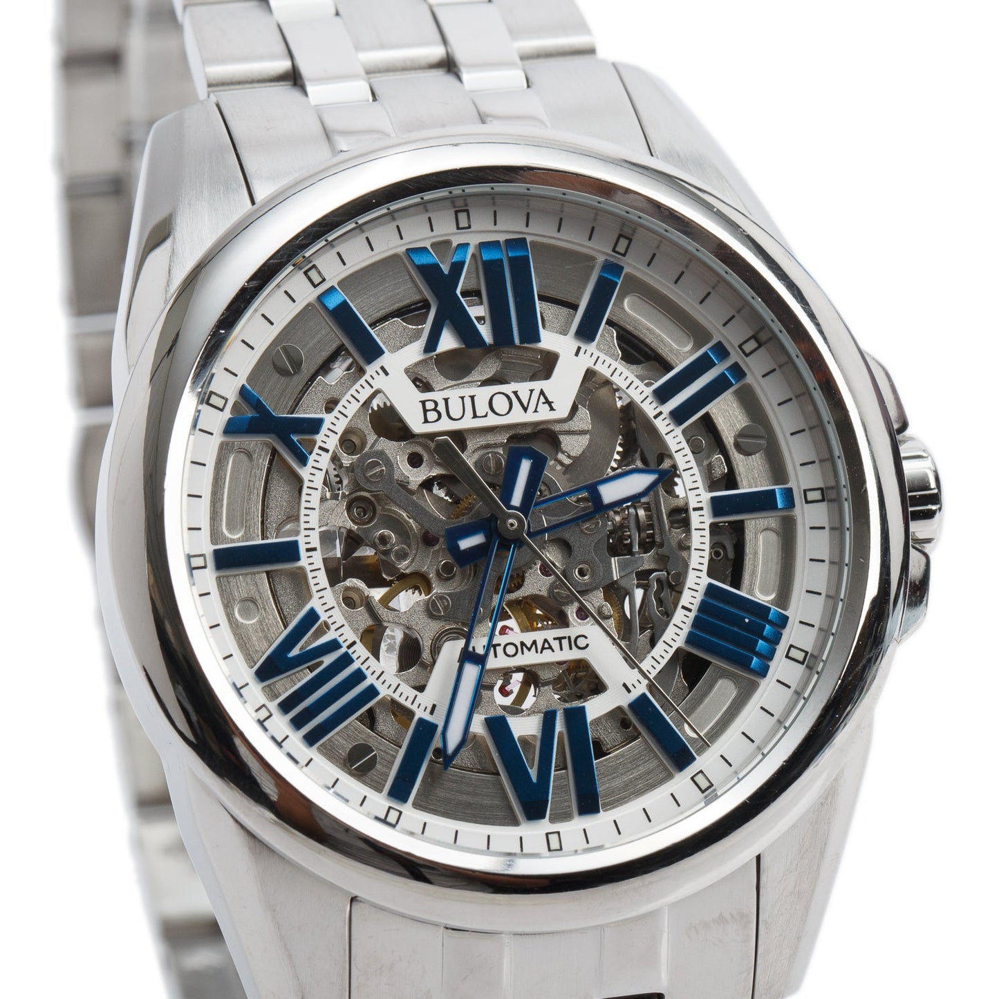 Bulova Stainless Steel Classic Sutton 43 MM Quartz Watch Blue Skeleton Dial 96A187 w/ Box