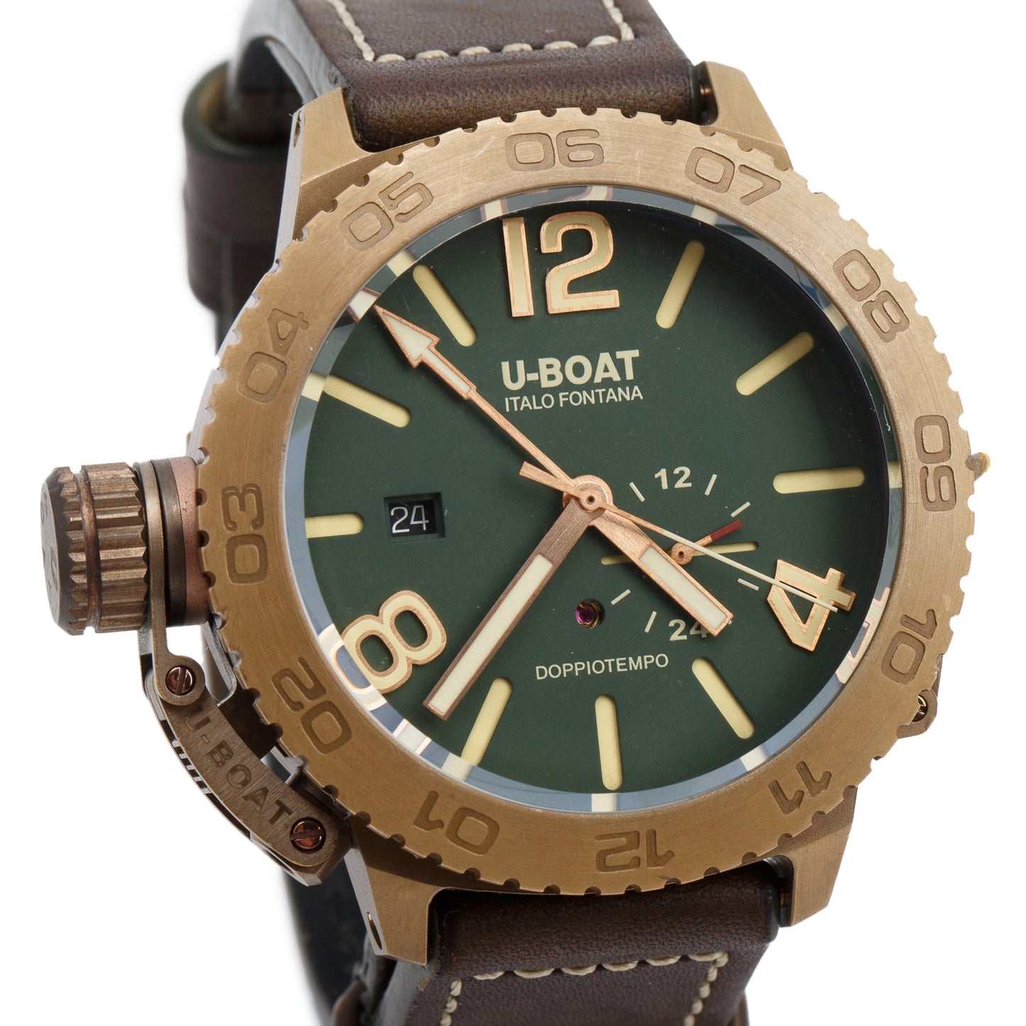 U-Boat Bronze Lefty Doppiotempo 46 MM Automatic GMT Watch Green Dial 9088 w/ Box