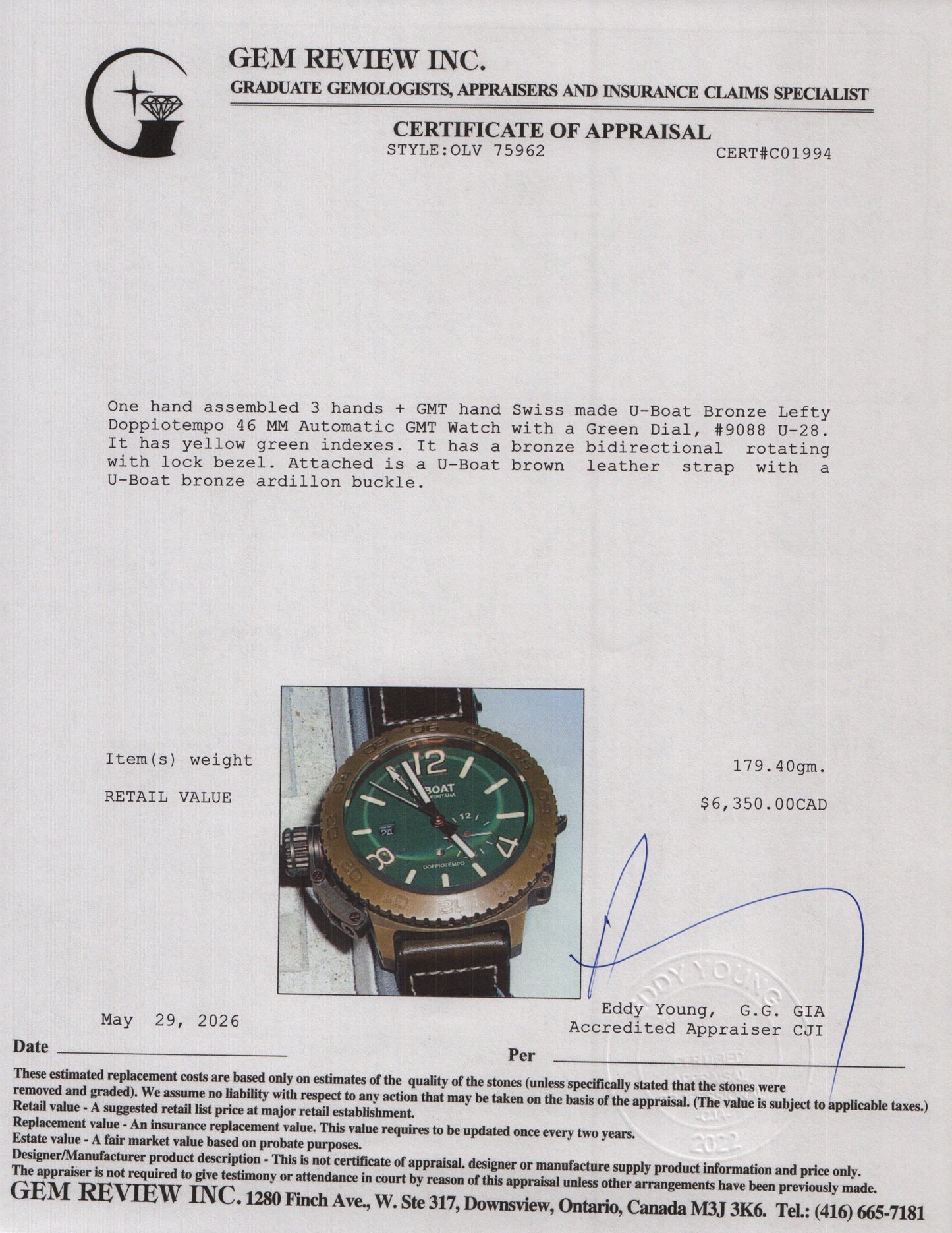 U-Boat Bronze Lefty Doppiotempo 46 MM Automatic GMT Watch Green Dial 9088 w/ Box