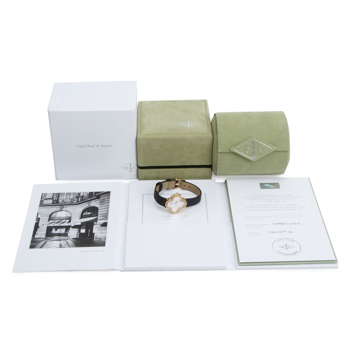 Van Cleef & Arpels 2022 18k Yellow Gold Alhambra 26 MM Quartz Watch, Small Model Mother of Pearl Dial w/ Box & Certificate