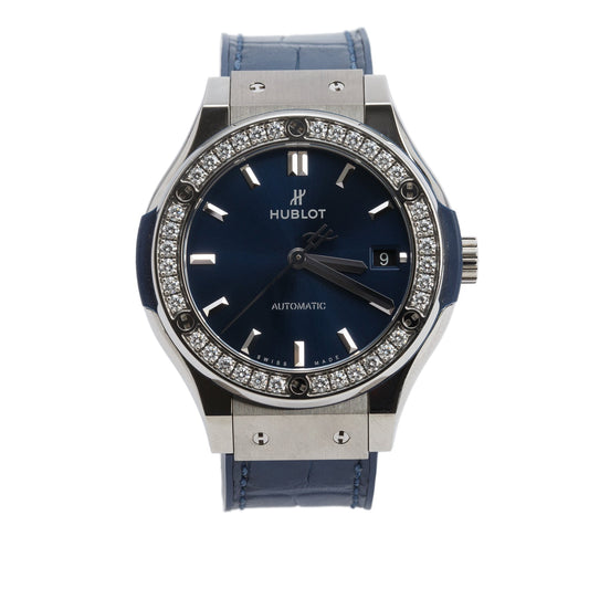Hublot 2023 Titanium Diamond Bezel Classic Fusion 38 MM Automatic Watch Blue Dial w/ Box