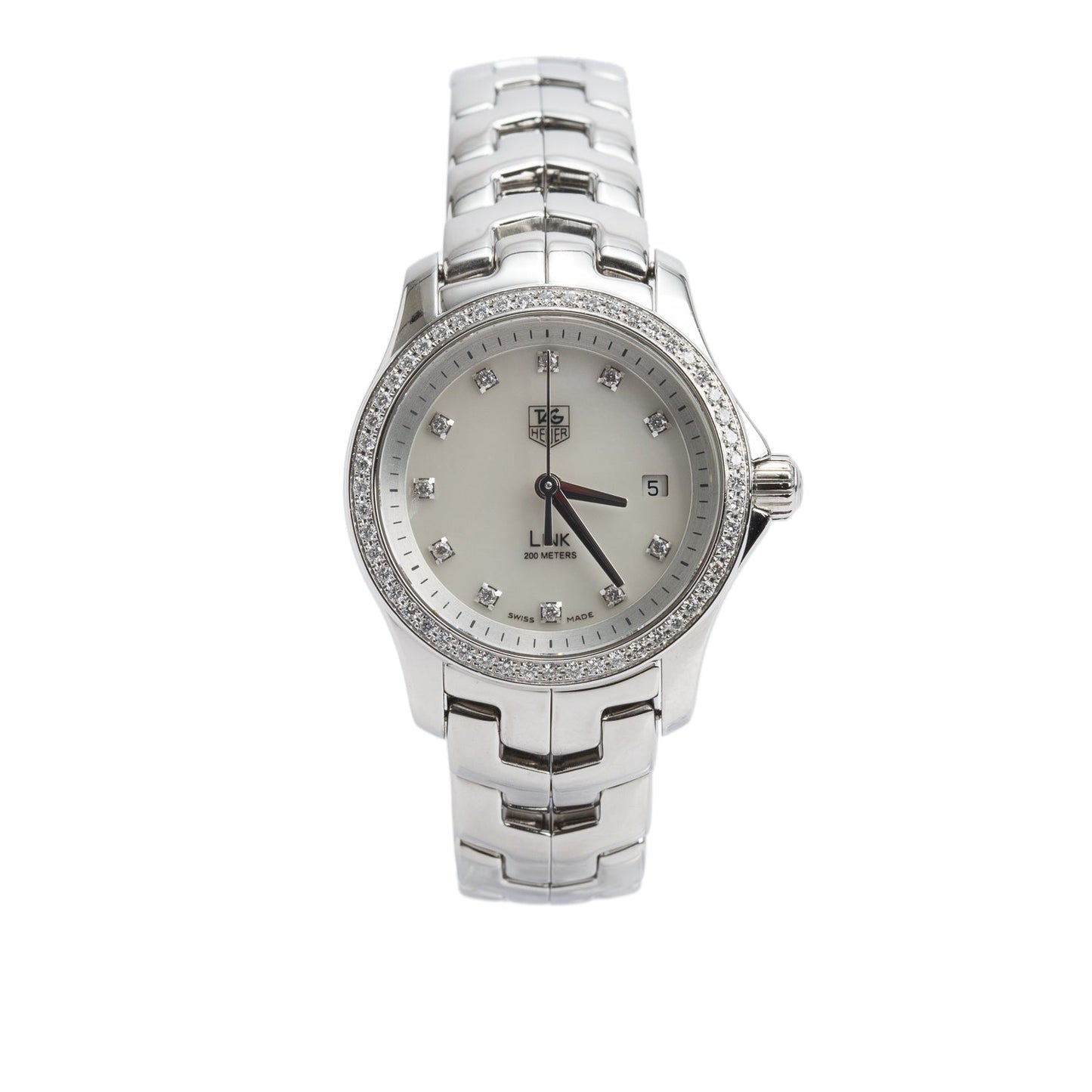 Tag Heuer Stainless Steel Diamond Bezel Link 27 MM Quartz Watch Mother of Pearl Diamond Dial WJF1319
