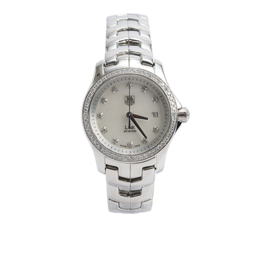 Tag Heuer Stainless Steel Diamond Bezel Link 27 MM Quartz Watch Mother of Pearl Diamond Dial WJF1319