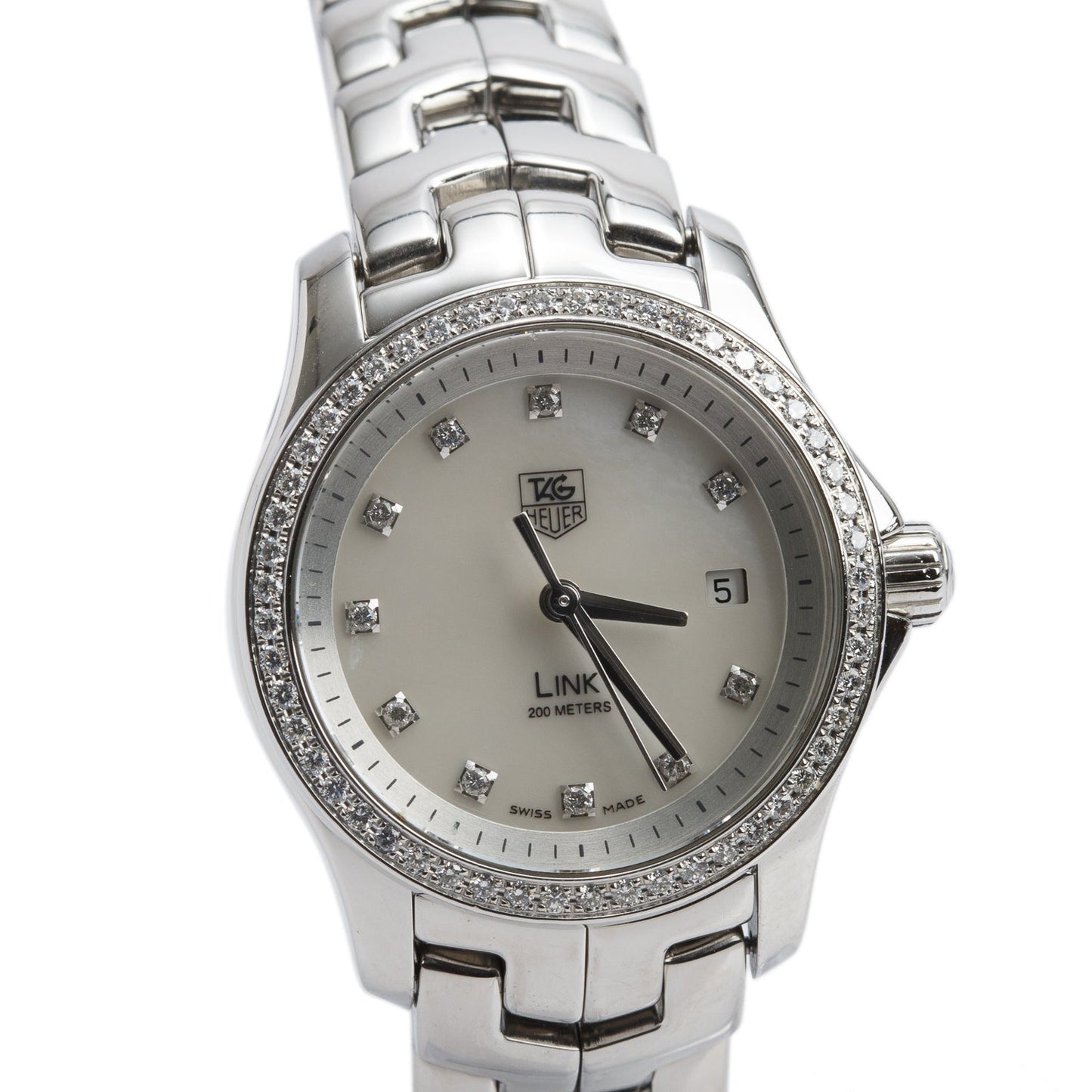Tag Heuer Stainless Steel Diamond Bezel Link 27 MM Quartz Watch Mother of Pearl Diamond Dial WJF1319
