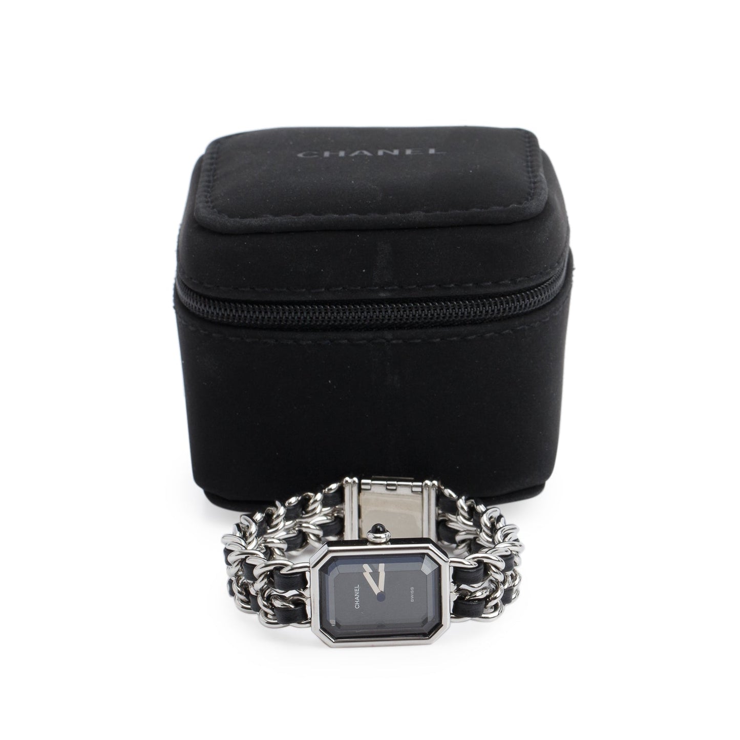 Chanel Stainless Steel & Black Leather Premiere Iconic Chain Watch Black Dial H7022 w/ Case & Papers