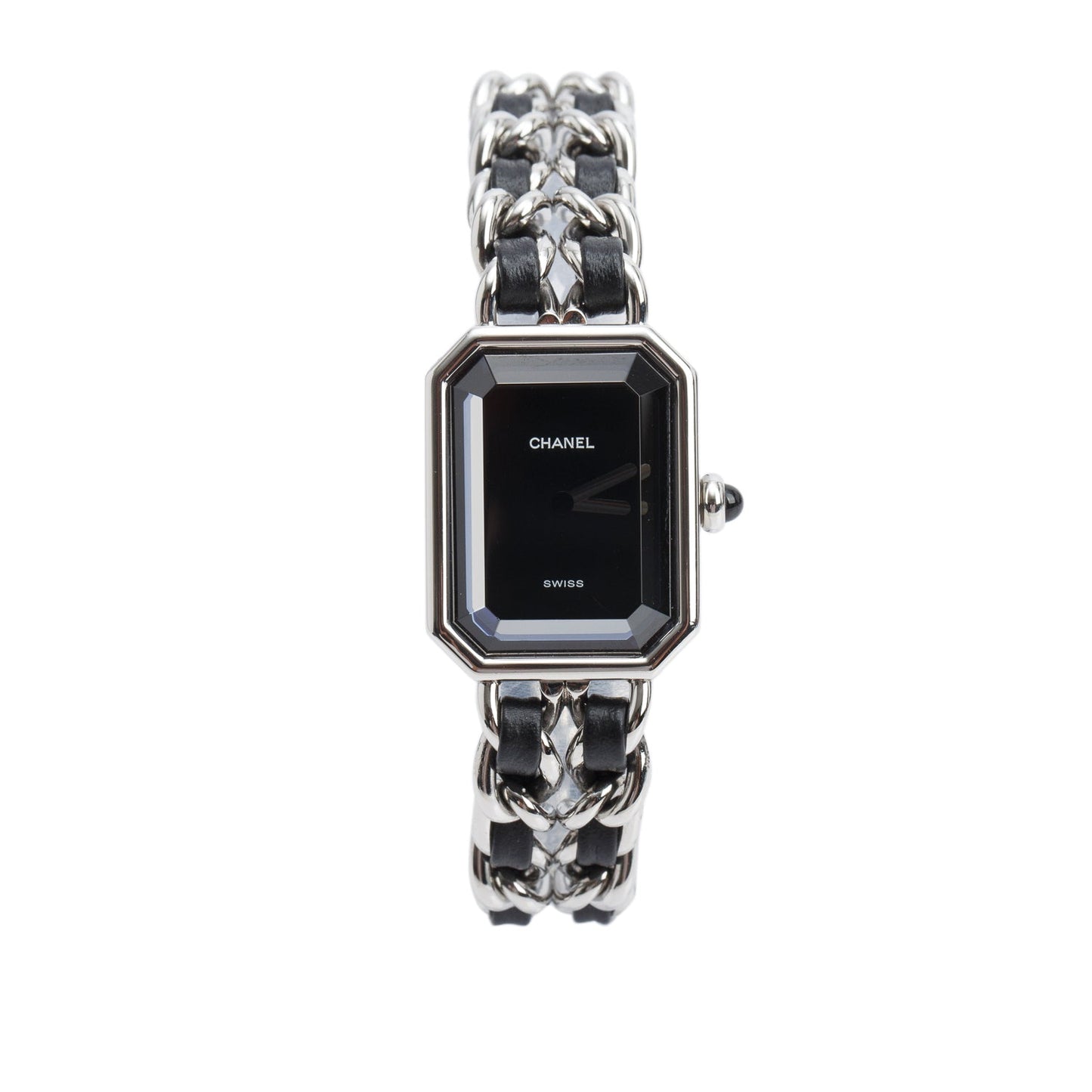 Chanel Stainless Steel & Black Leather Premiere Iconic Chain Watch Black Dial H7022 w/ Case & Papers