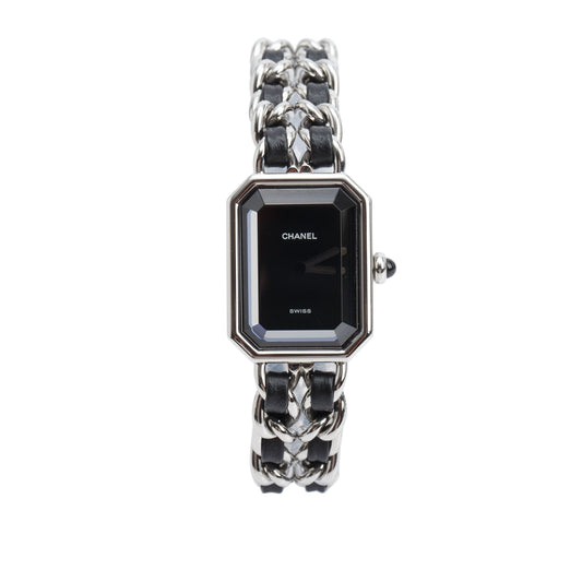 Chanel Stainless Steel & Black Leather Premiere Iconic Chain Watch Black Dial H7022 w/ Case & Papers